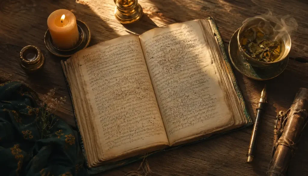 Open ancient book with Sanskrit calligraphy next to a lit candle and a cup of tea on a wooden table, contemplative atmosphere of yoga philosophy