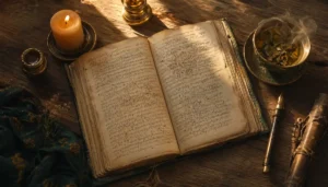 Open ancient book with Sanskrit calligraphy next to a lit candle and a cup of tea on a wooden table, contemplative atmosphere of yoga philosophy