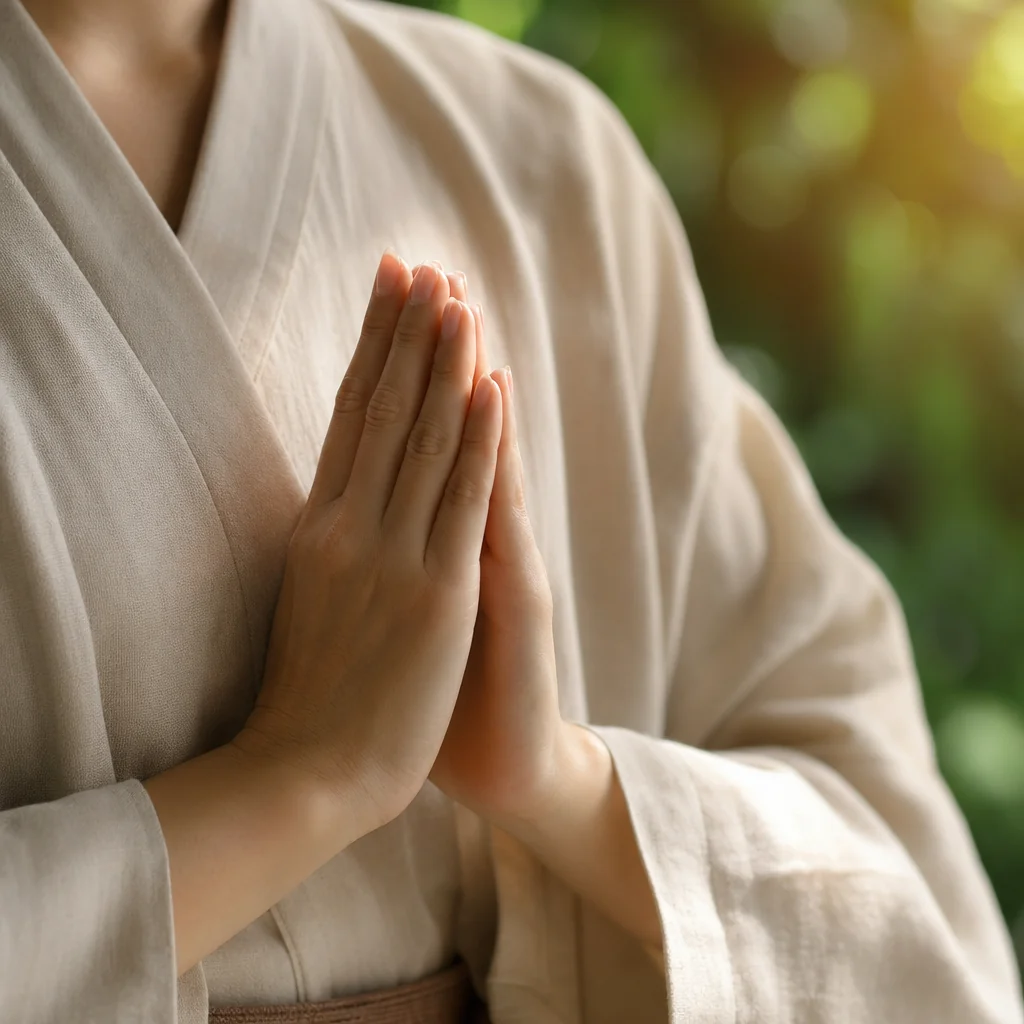 Hands joined in gassho mudra at heart level, gesture of ethical commitment and inner openness