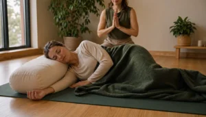 Mujer en sesión de yoga terapéutico individual recostada lateral con bolster y manta, profesora acompañando con presencia atenta