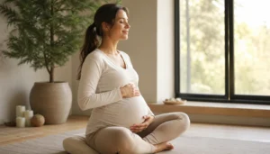 Mujer embarazada de seis meses sentada en sukhasana con manos sobre el vientre, respiración serena y luz natural cálida