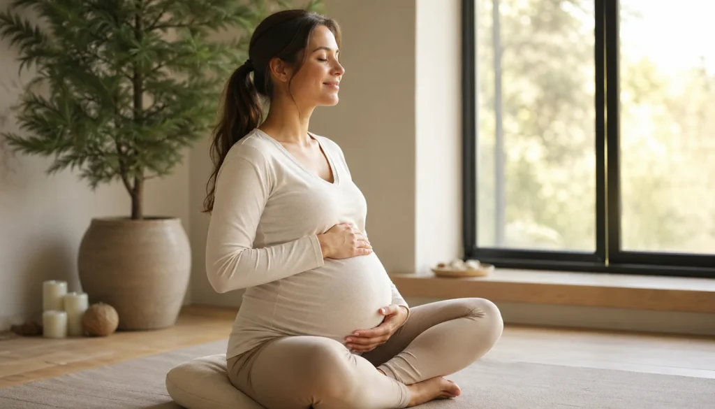 Six-month pregnant woman seated in sukhasana with hands on the belly, calm breath and warm natural light