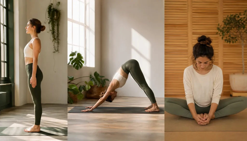 Three women practising hatha, vinyasa and yin yoga in the same bright studio, showing the different styles