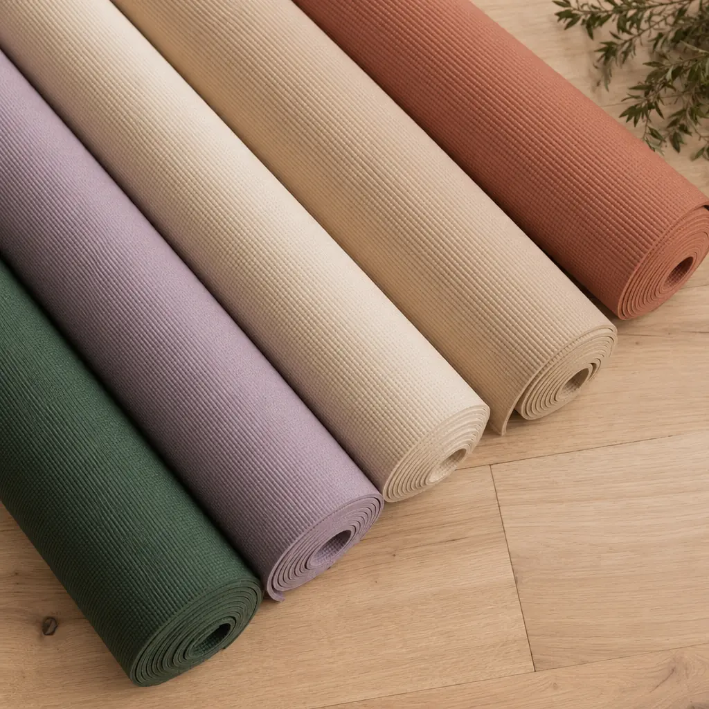 Cinco esterillas de yoga enrolladas en abanico sobre suelo de madera, simbolizando la variedad de estilos disponibles