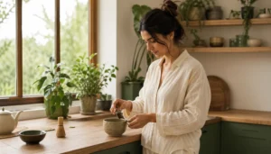 Woman in a bright kitchen preparing a herbal tea in a ceramic cup, comfortable clothing and plants around