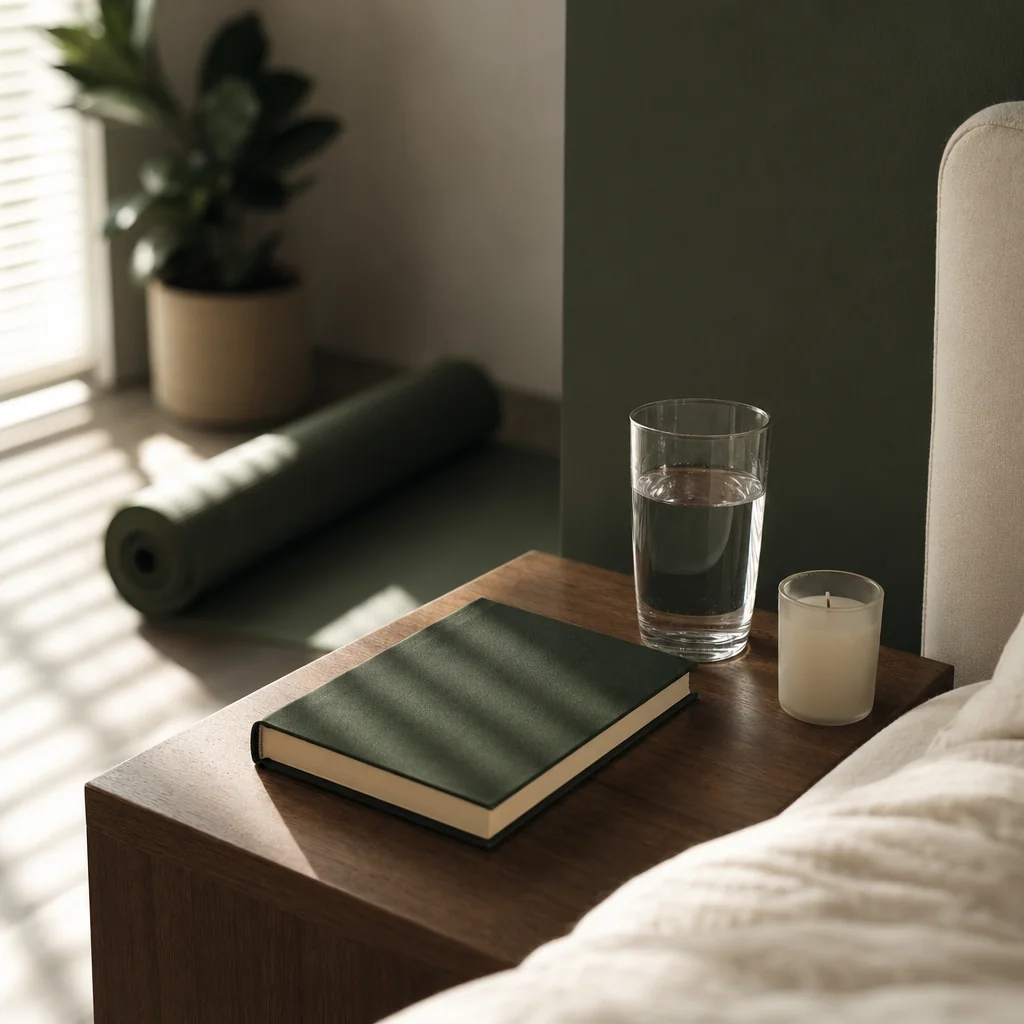Libro de yoga cerrado junto a vela apagada y vaso de agua sobre mesilla de noche, hábito diario