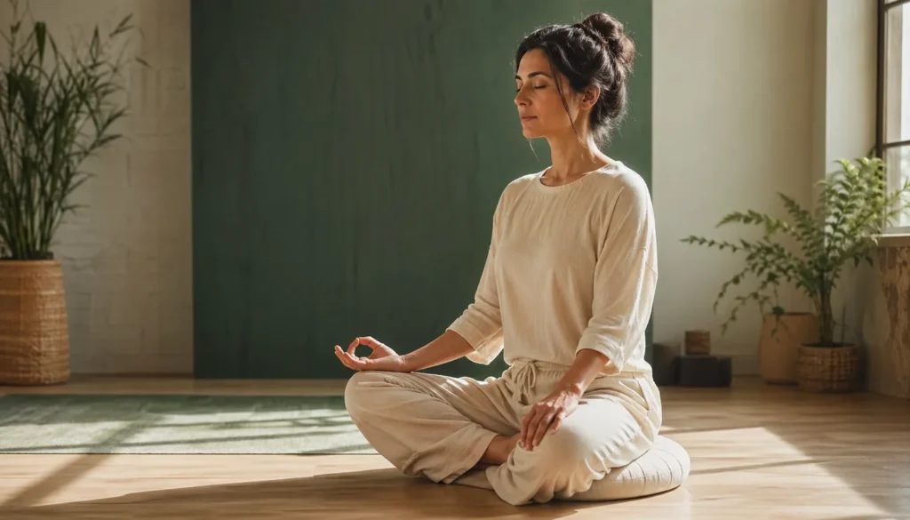 Woman seated in sukhasana with eyes closed and right hand in chin mudra, practising pranayama in a bright studio