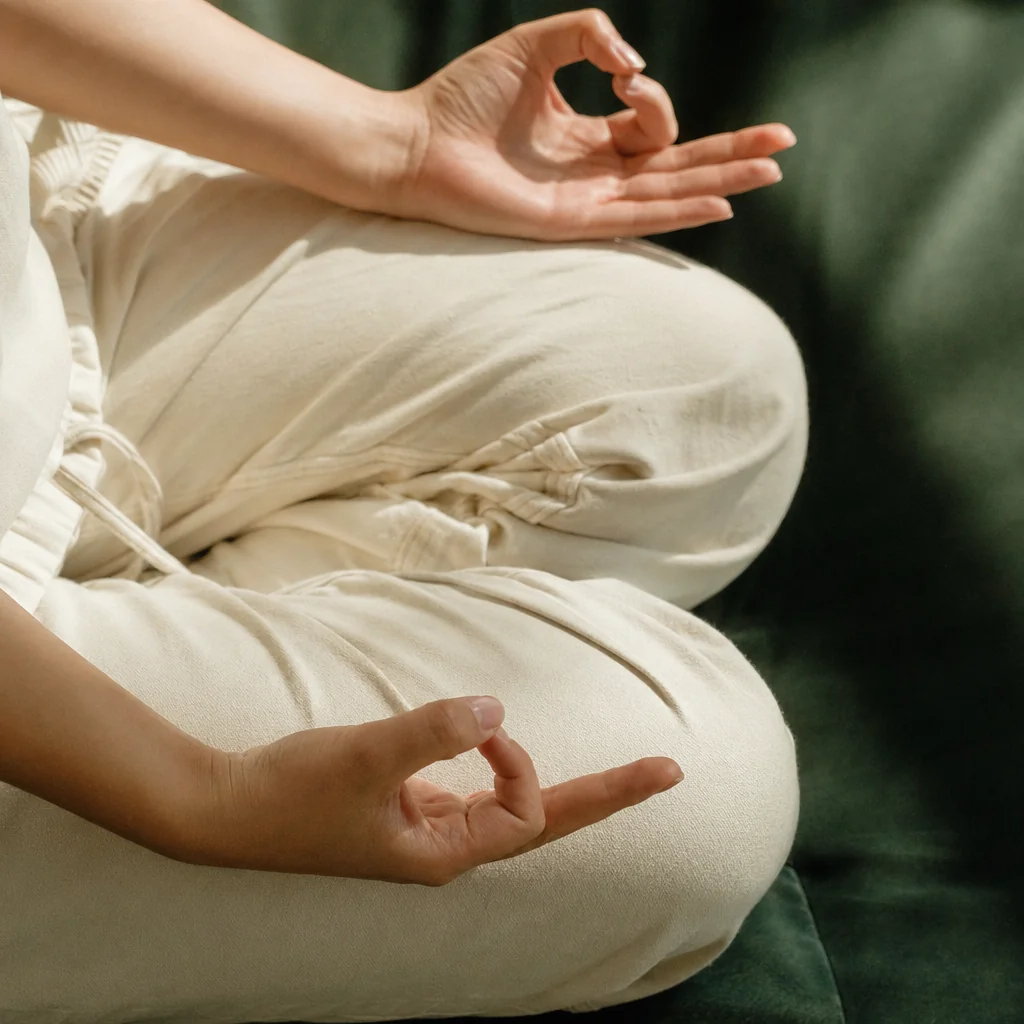 Primer plano de manos en chin mudra apoyadas sobre las rodillas durante la práctica de pranayama