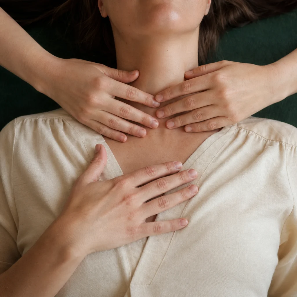 Close-up of hands on the chest and throat of a woman during a therapeutic vocal practice